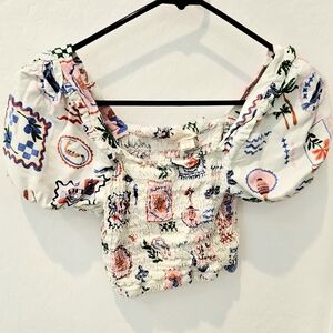 Monteau Italy Seaside Scene Linen Blend Crop Smocked Top